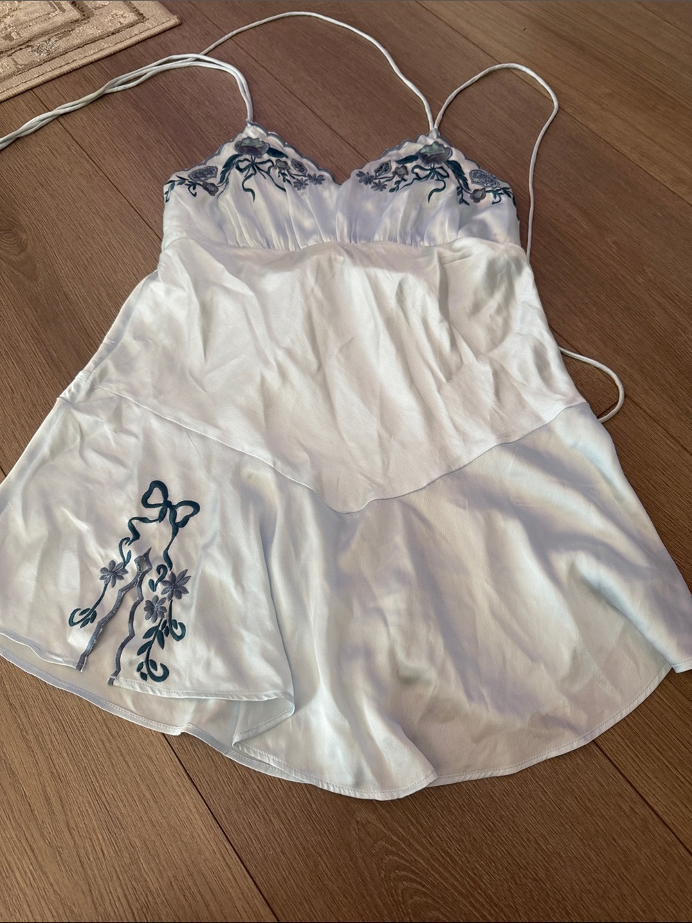 Free People White Silk Chemise with Blue Floral Embroidery